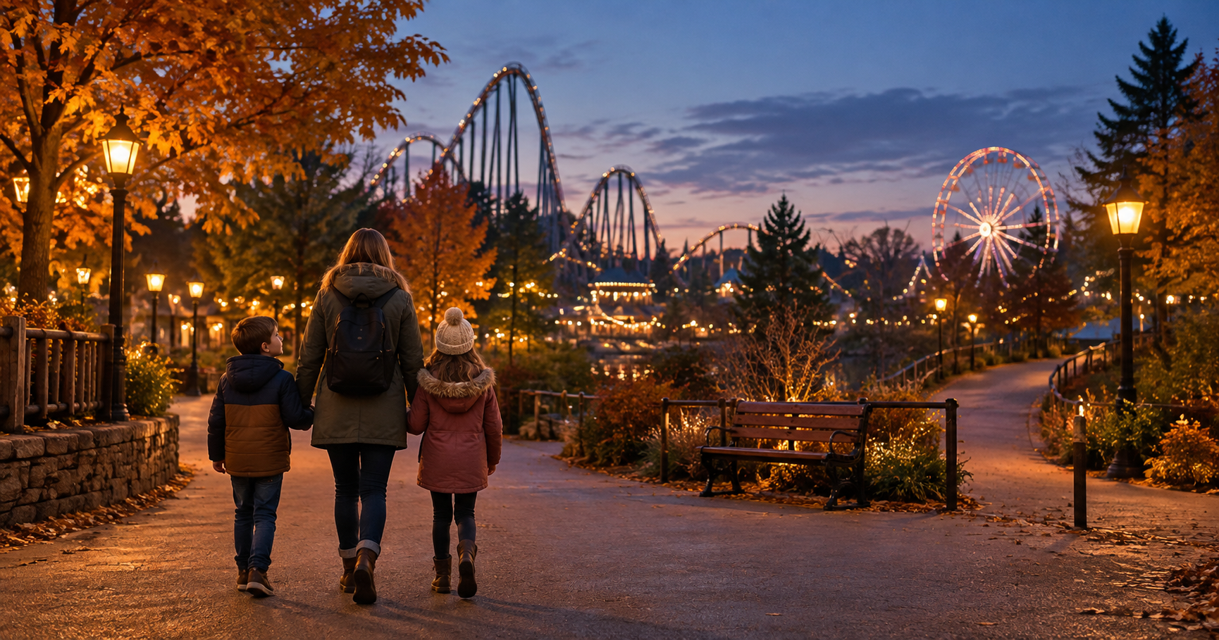 An adult and two children walking through a spacious autumn theme park at twilight, with a bench, illuminated rides and clear paths ahead.