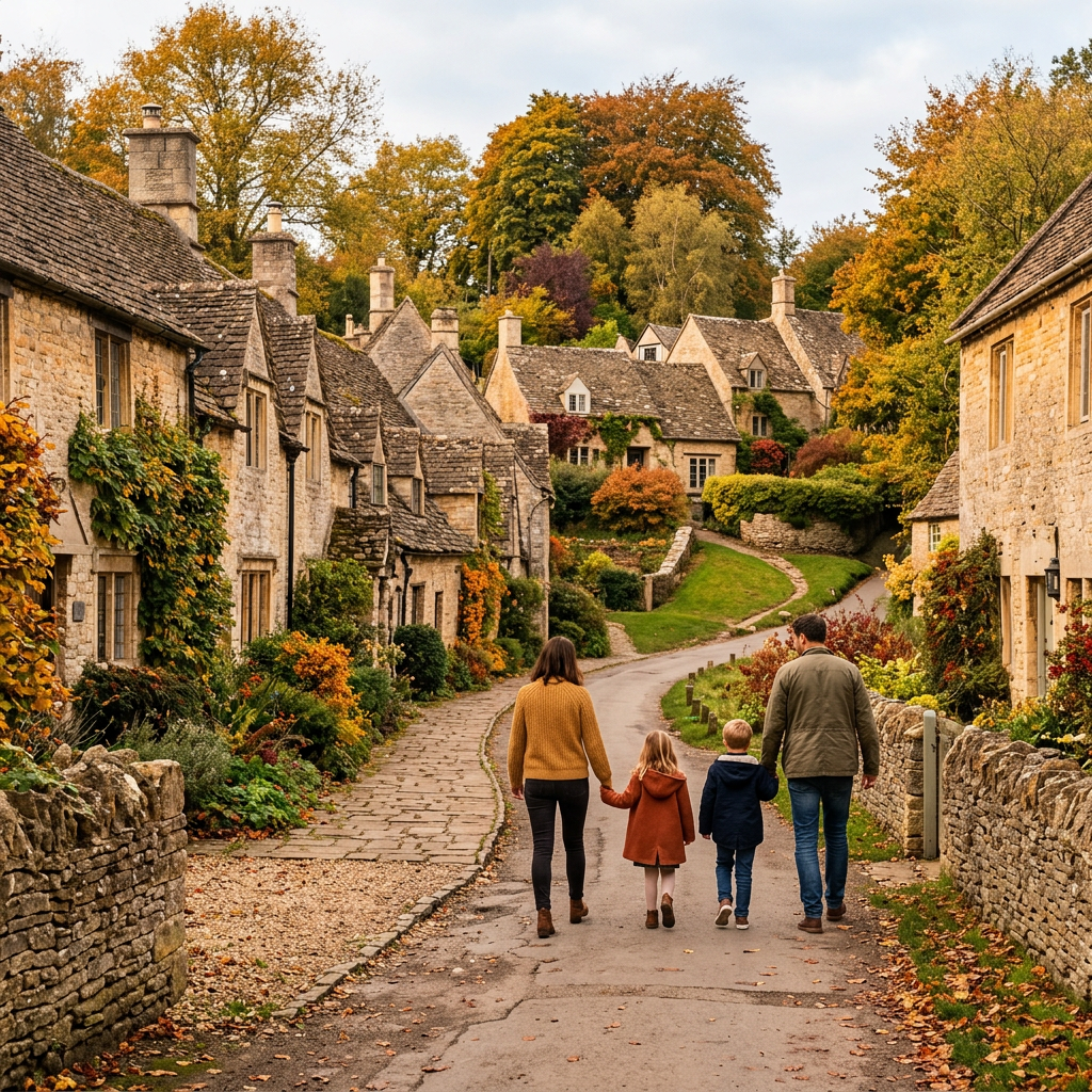 Family walking through a stone village in autumn